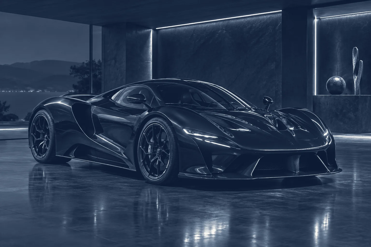 A midnight blue collector hypercar